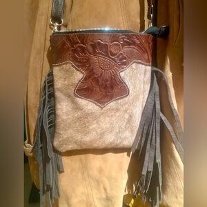 Genuine Cowhide Hair Embossed Leather Western Fringe Crossbody Boho Purse